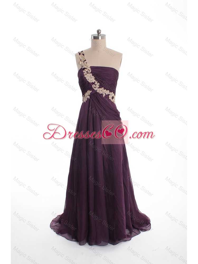 Brand New Appliques Sweep Train Purple Prom Dress with One Shoulder