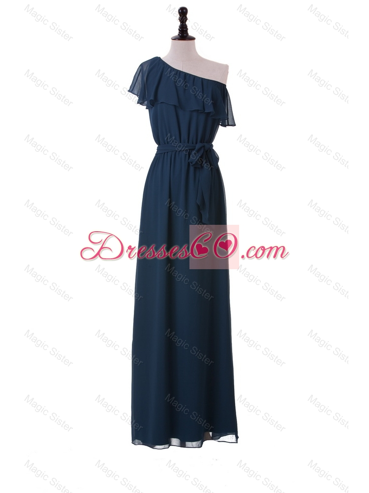 Exclusive One Shoulder Sashes and Ruffles Prom Dress in Navy Blue