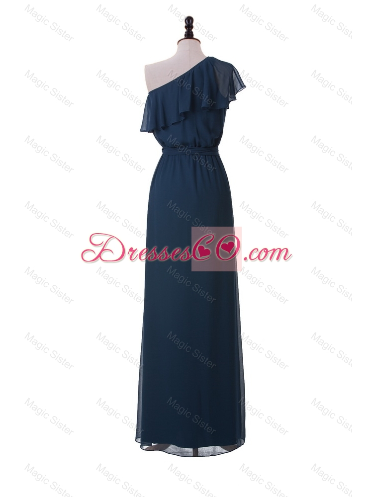 Exclusive One Shoulder Sashes and Ruffles Prom Dress in Navy Blue