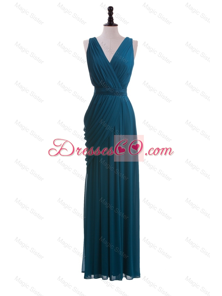 Gorgeous V Neck Belt and Ruching Long Prom Dress