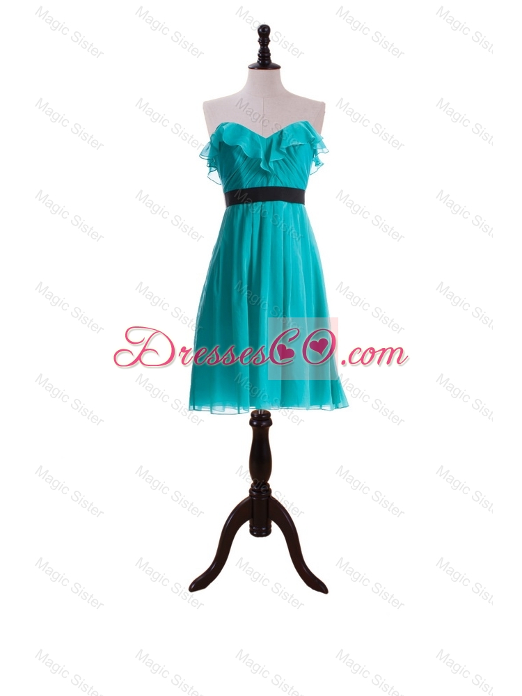 New Style Ruffles and Belt Short Prom Dress in Turquoise