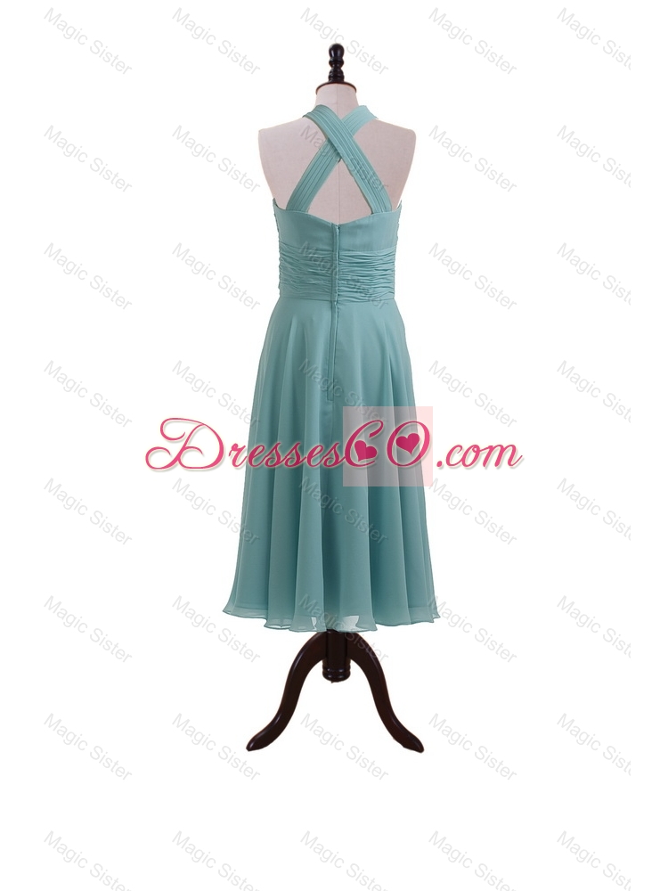Simple Ruching and Hand Made Flower Halter Top Prom Dress Homecoming