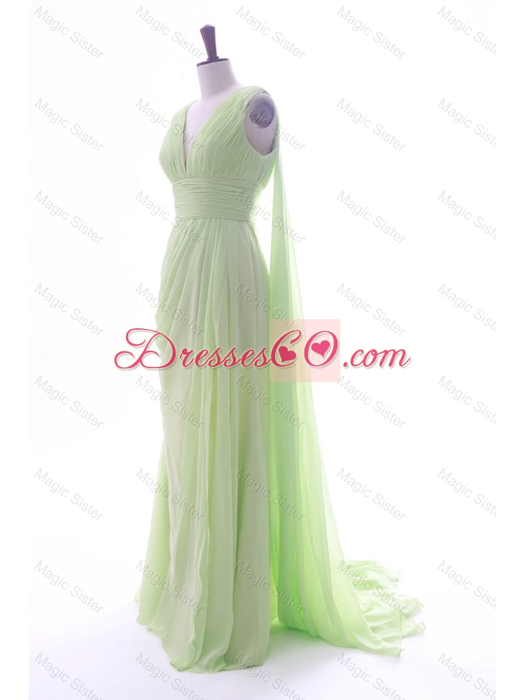 Discount Empire V Neck Ruching and Pleats Prom Dress with Watteau Train