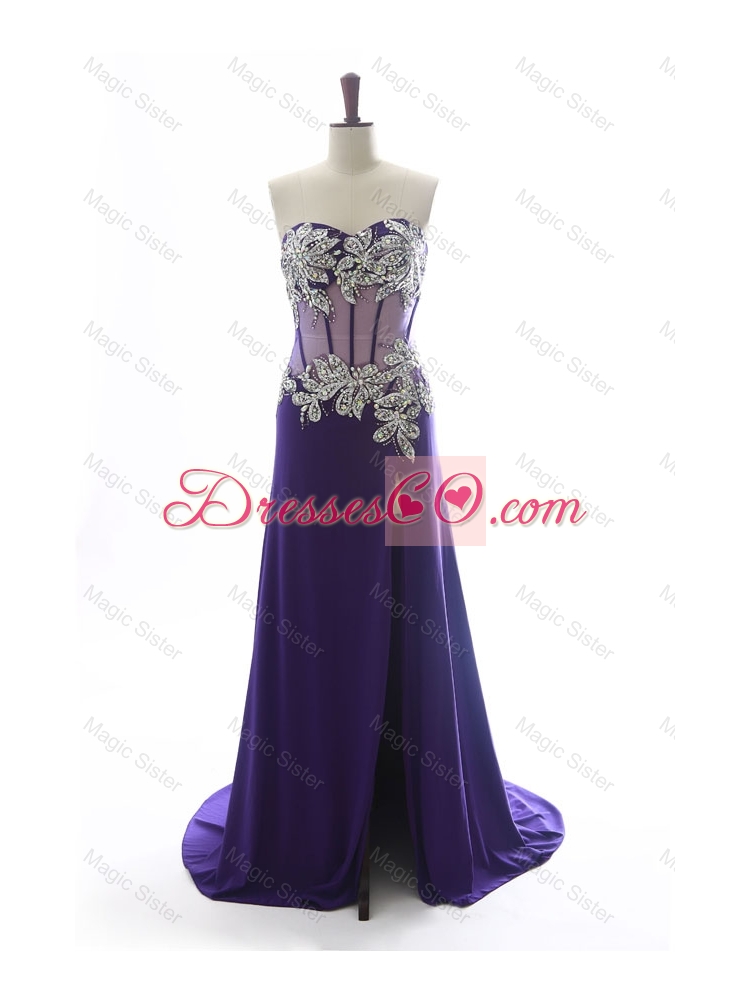 Gorgeous Beading Brush Train Prom Dress in Purple