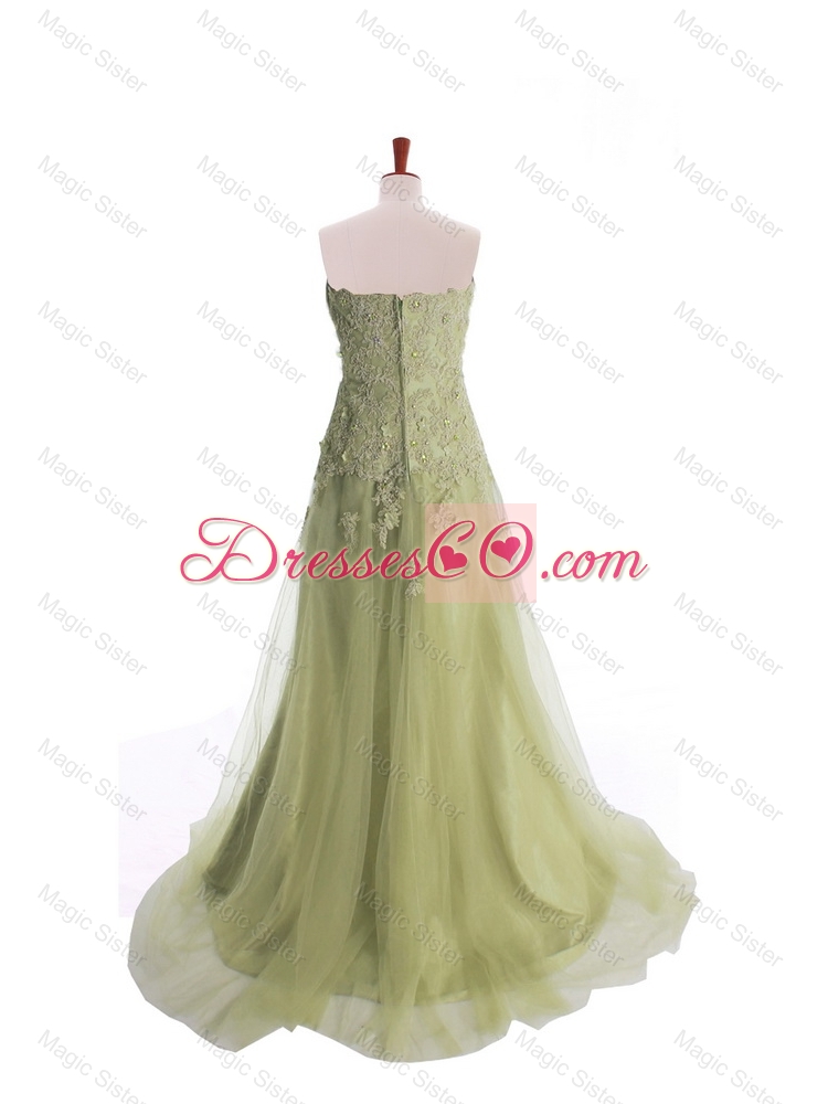 Luxurious Appliques Brush Train Long Prom Dress in Olive Green