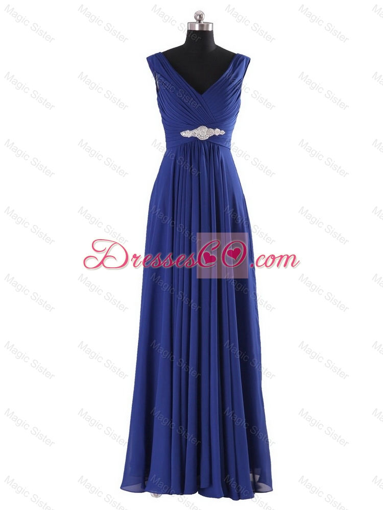 Simple V Neck Beading and Ruching Long Prom Dress Autumn