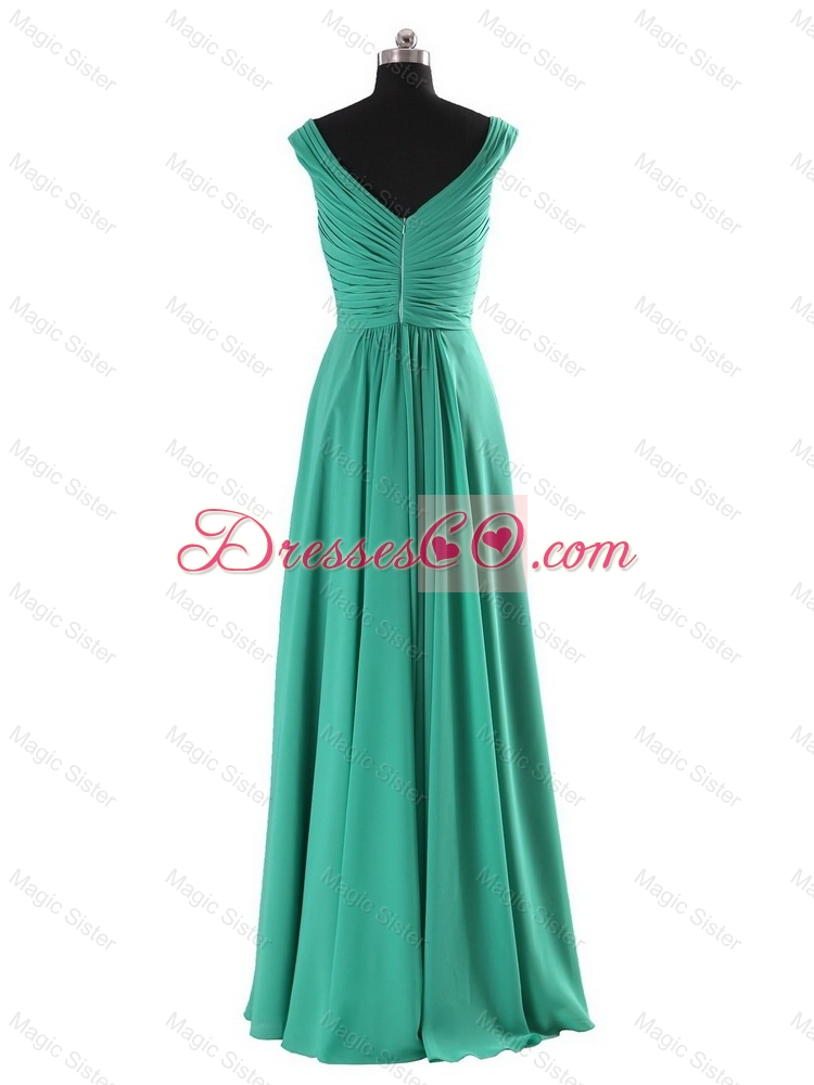 Simple V Neck Beading and Ruching Long Prom Dress Autumn