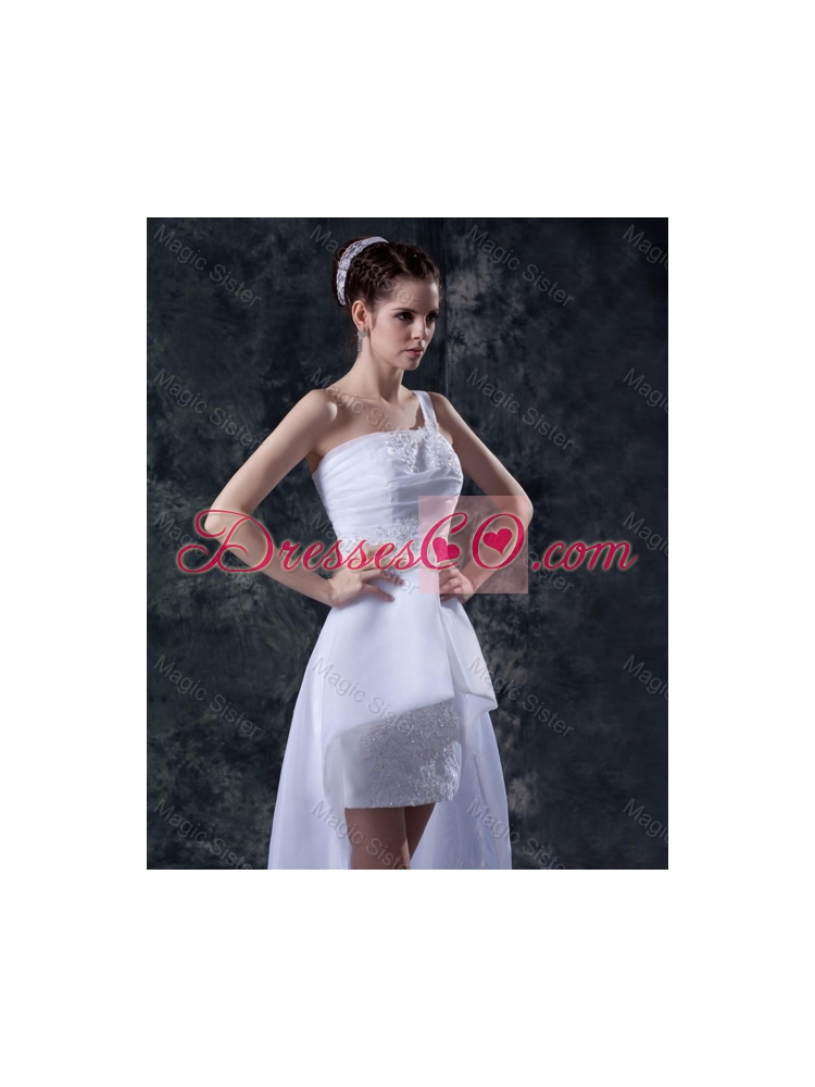 Affordable Column One Shoulder High low Wedding Dress with Appliques