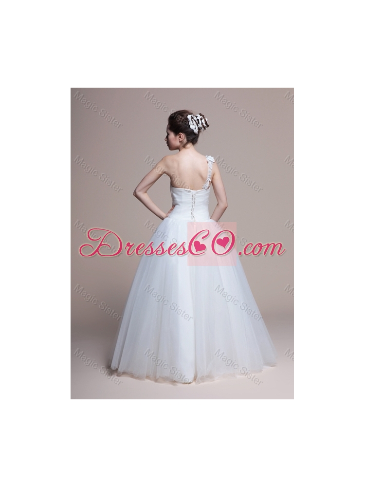 Affordable A Line One Shoulder Appliques Wedding Dress in Tulle