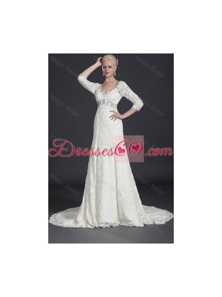 Beautiful Empire Lace White Long Wedding Dress with Court Train for