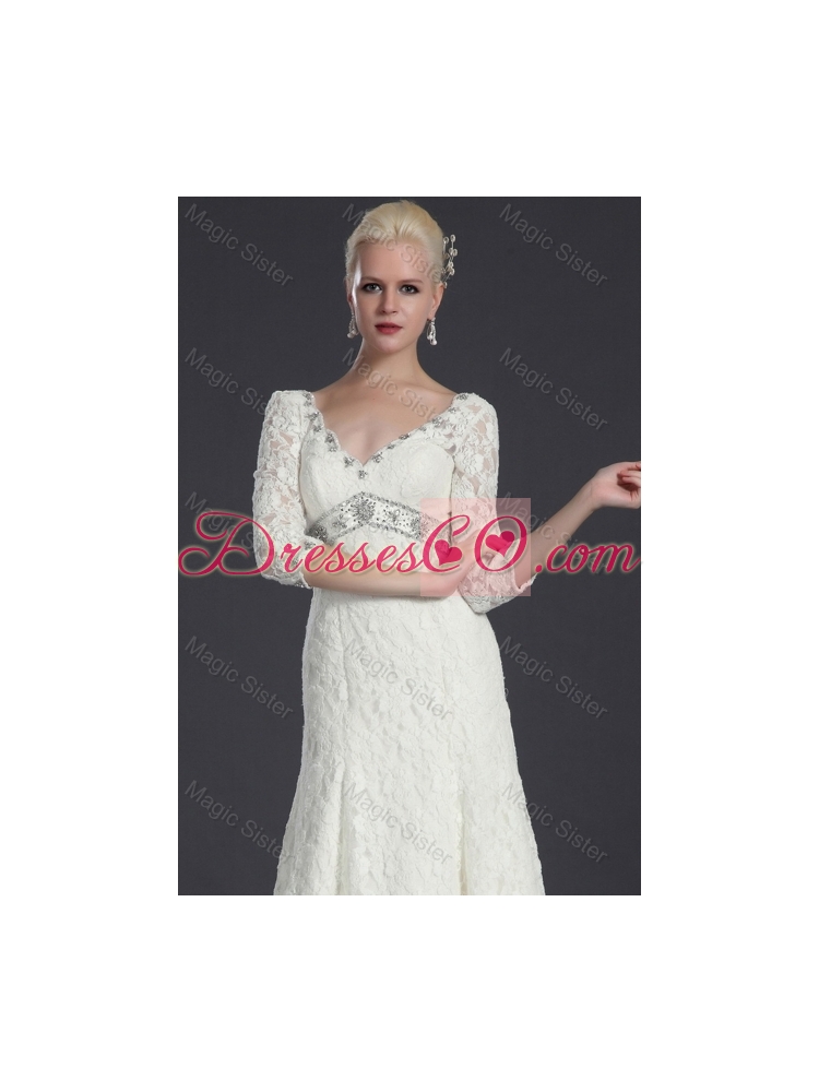 Beautiful Empire Lace White Long Wedding Dress with Court Train for