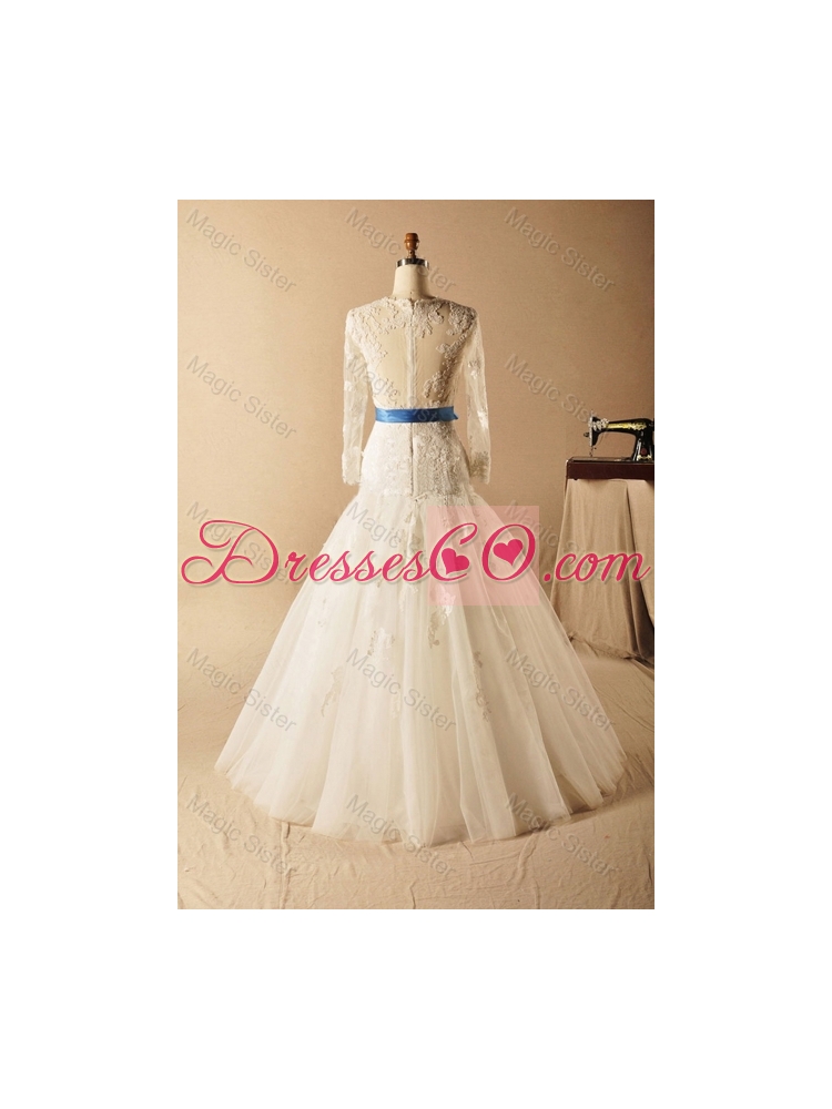 Custom Made A Line High Neck Appliques Wedding Dress with Ribbons