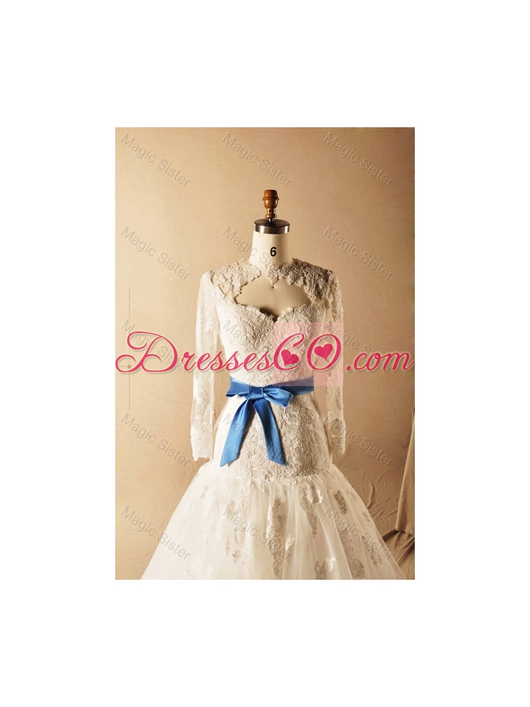 Custom Made A Line High Neck Appliques Wedding Dress with Ribbons