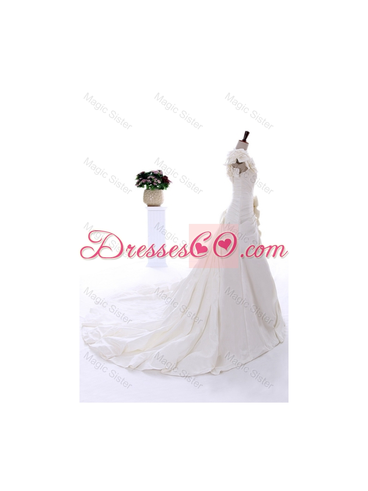 Exclusive Beading and Hand Made Flowers White Wedding Dress with Court Train