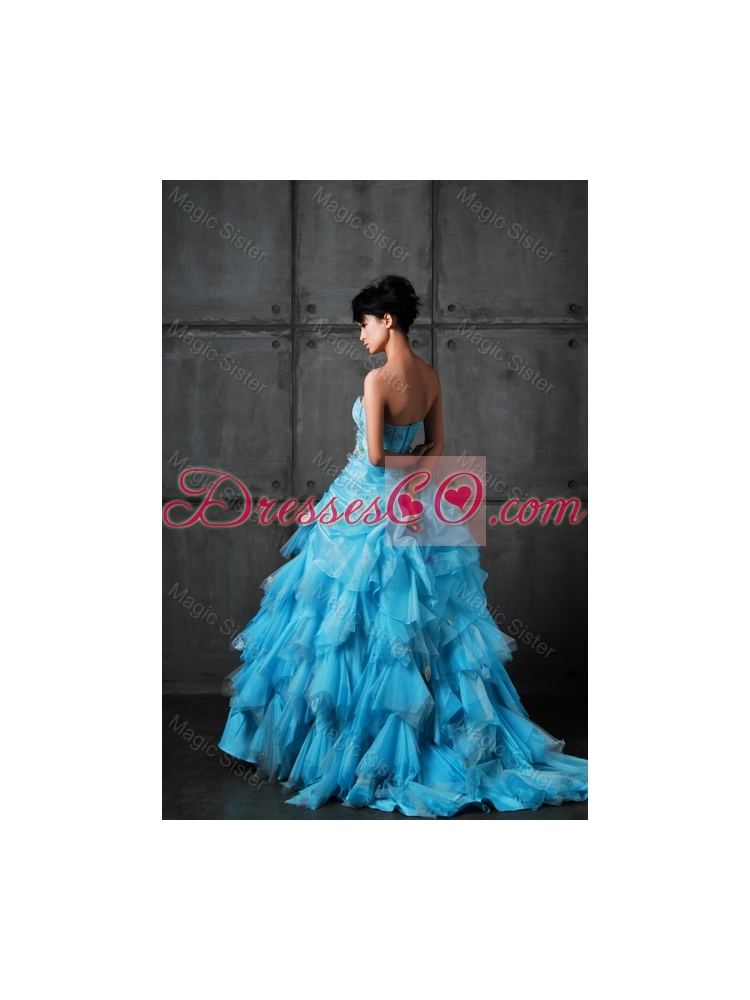 Perfect Ball Gown Appliques and Ruffles Wedding Gowns in Aqua Blue Color