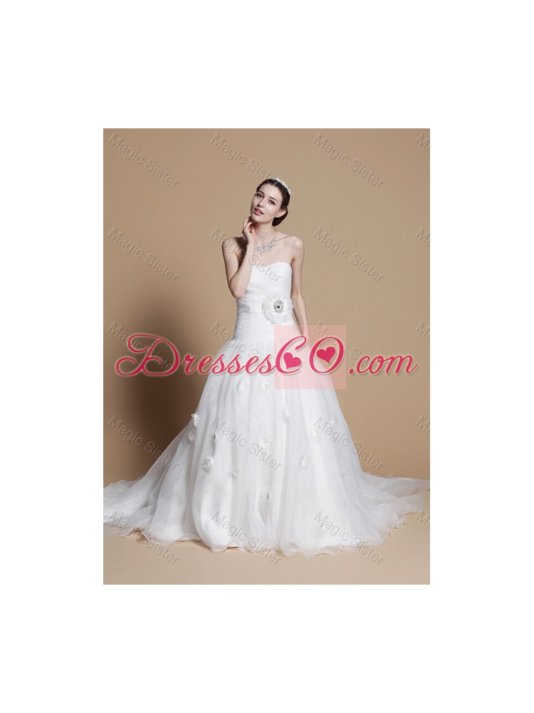 Romantic A Line Strapless Wedding Dress with Hand Made Flowers