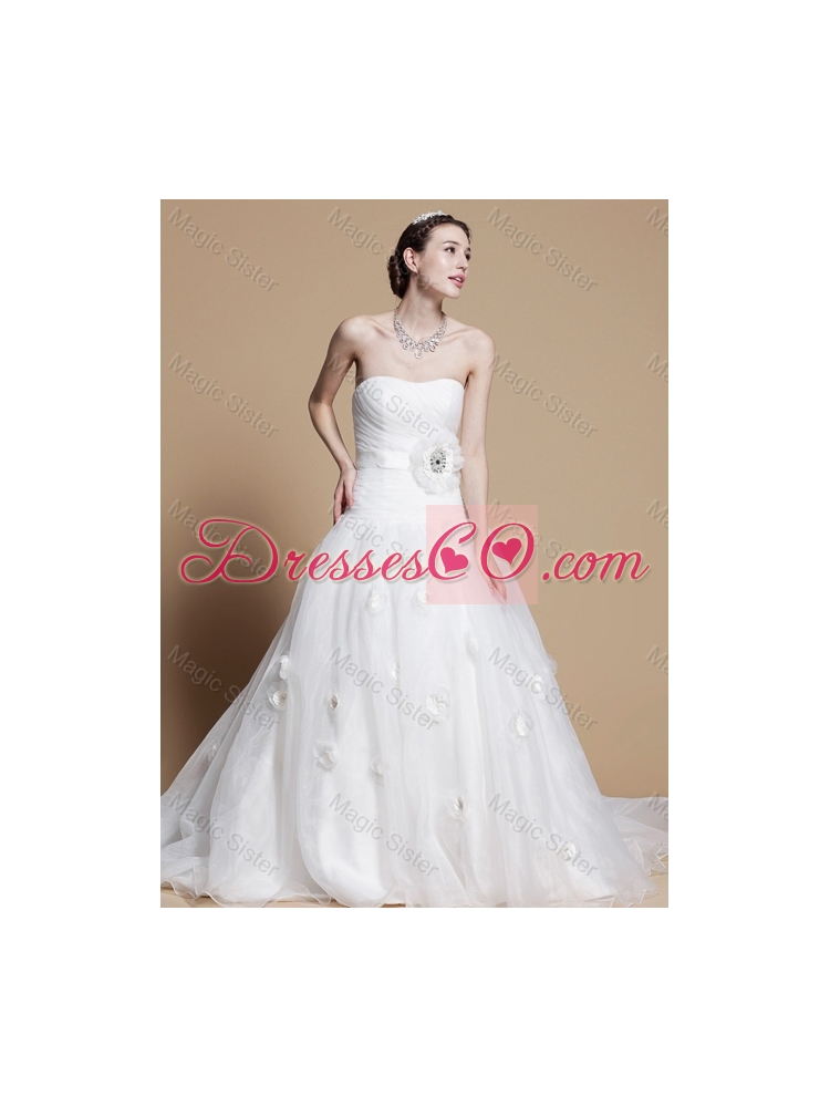 Romantic A Line Strapless Wedding Dress with Hand Made Flowers