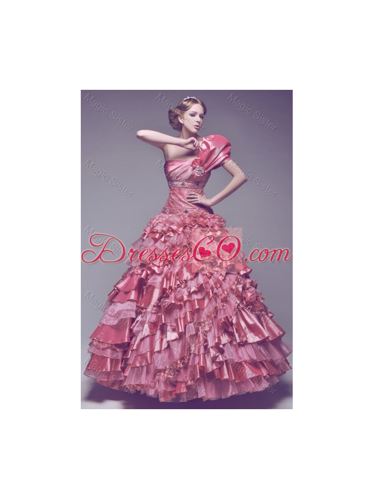 Beautiful One Shoulder Rose Pink Wedding Dress with Beading and Ruffles