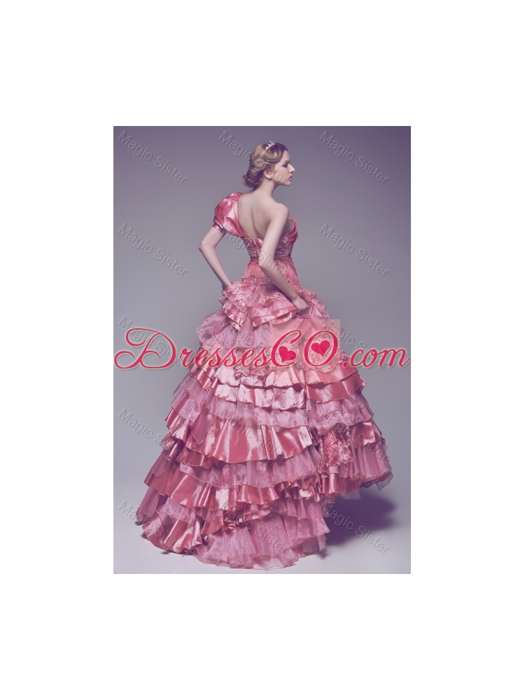 Beautiful One Shoulder Rose Pink Wedding Dress with Beading and Ruffles