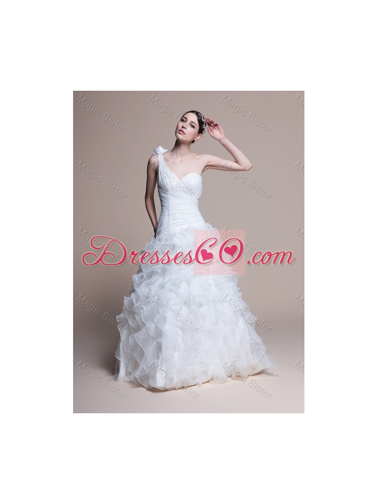 Classical A Line One Shoulder Wedding Dress with Ruffles