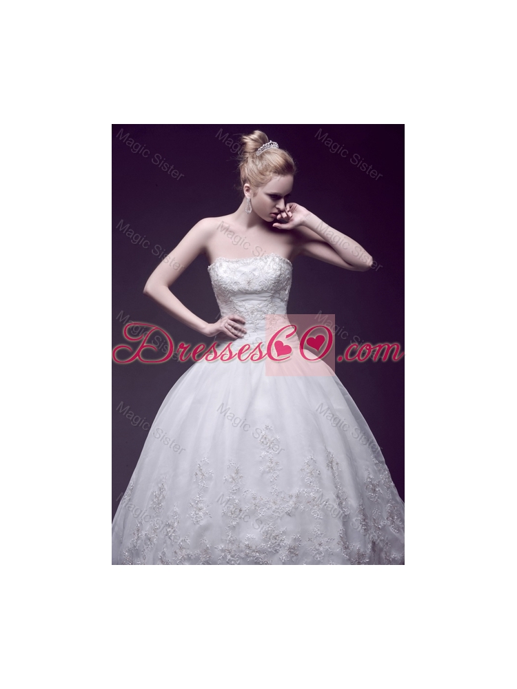 Custom Made Ball Gown Strapless Wedding Dress with Appliques