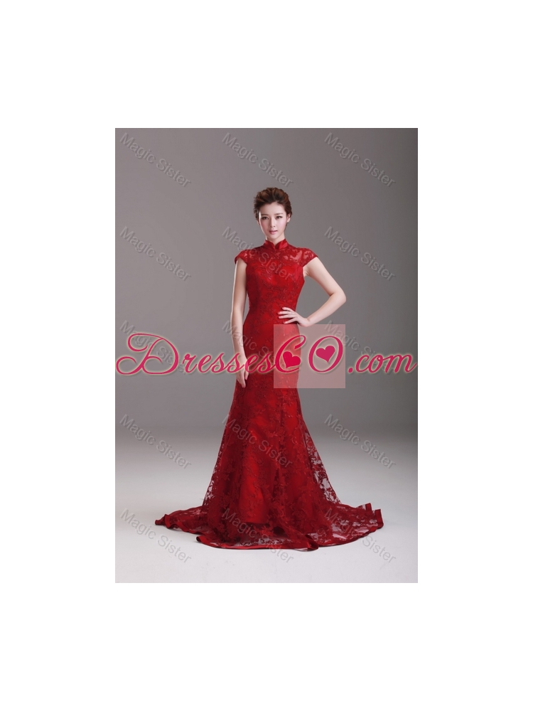 Exquisite Cap Sleeves Mermaid Wine Red Wedding Dress with Brush Train