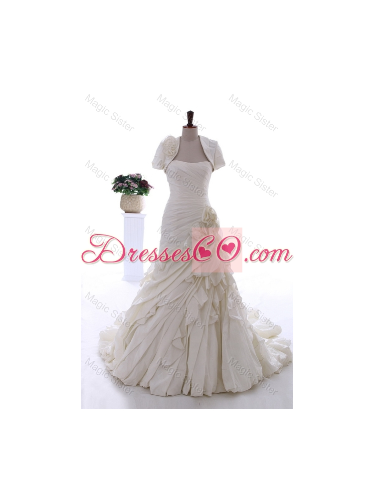 Exquisite Hand Made Flowers and Ruffles Wedding Dress with Brush Train