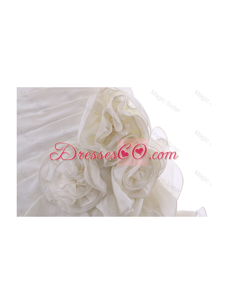 Exquisite Hand Made Flowers and Ruffles Wedding Dress with Brush Train