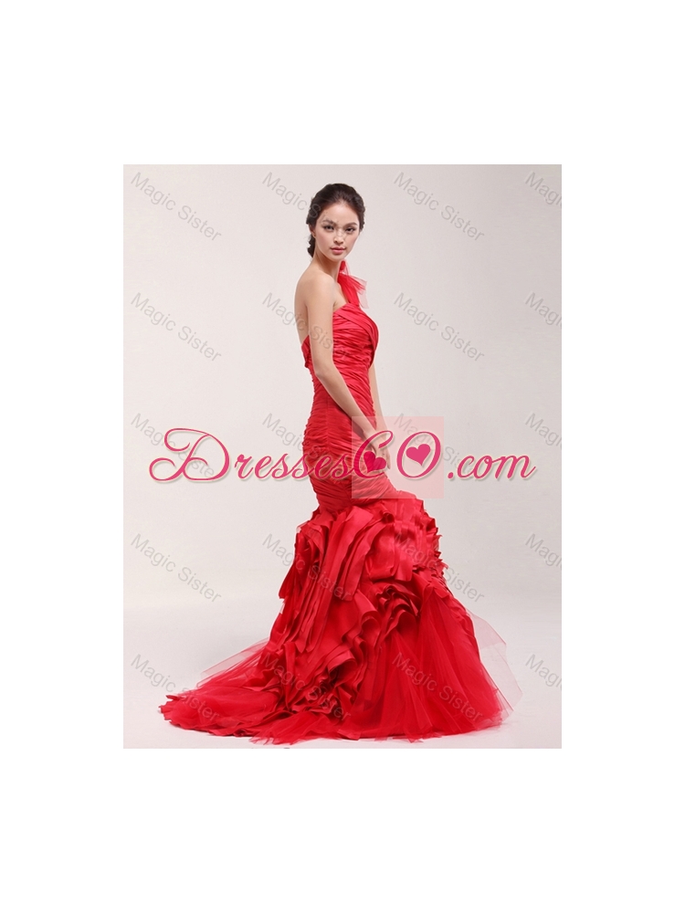 Classical Ruching and Ruffles Brush Train Wedding Dress in Red