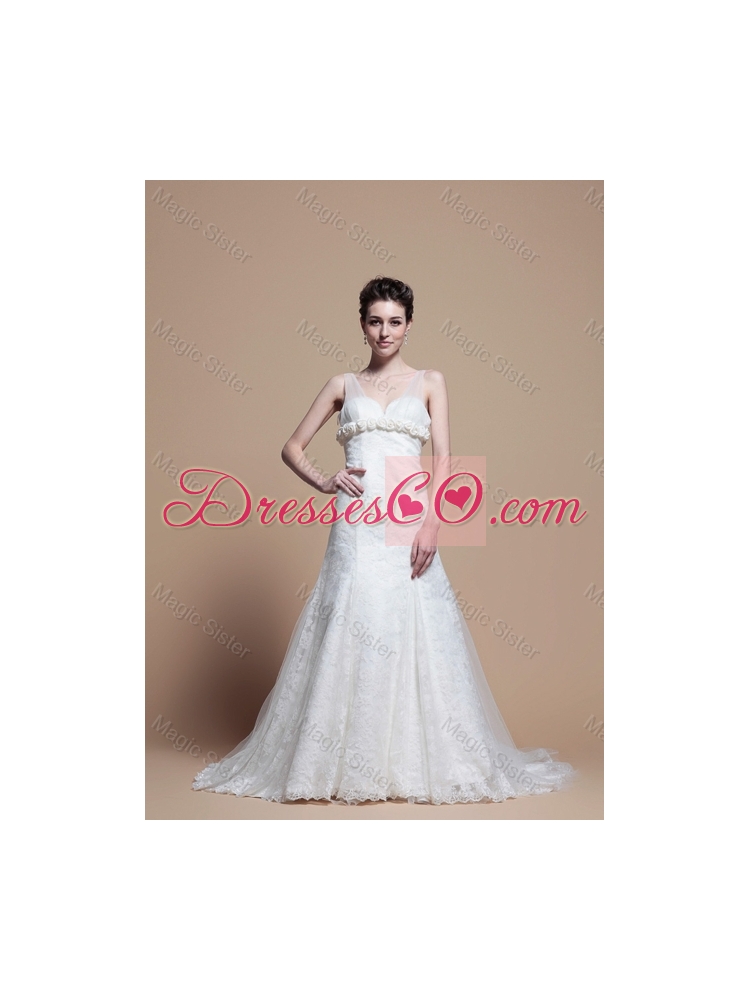 Custom Made Lace A Line Wedding Dress with Hand Made Flowers