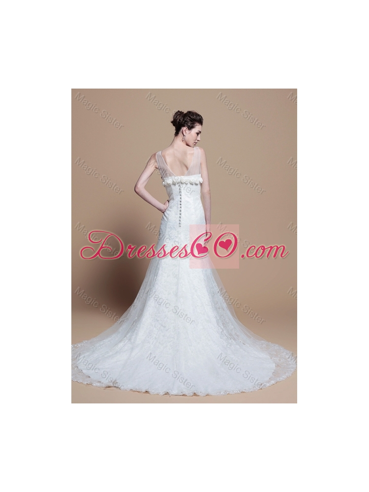 Custom Made Lace A Line Wedding Dress with Hand Made Flowers