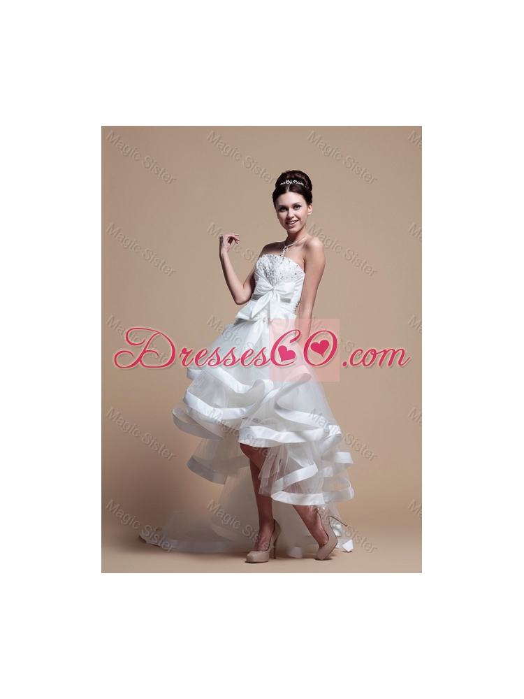 Elegant Strapless High Low Wedding Dress with Bowknot