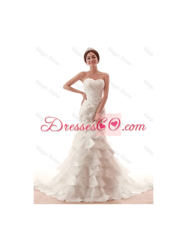 Gorgeous Beading and Ruffles White Wedding Dress with Brush Train