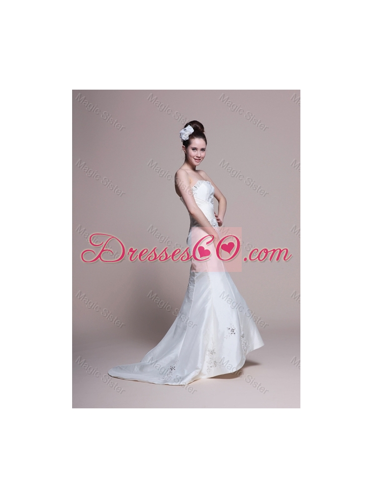 Mermaid Strapless Brush Train Romantic Wedding Dress with Appliques