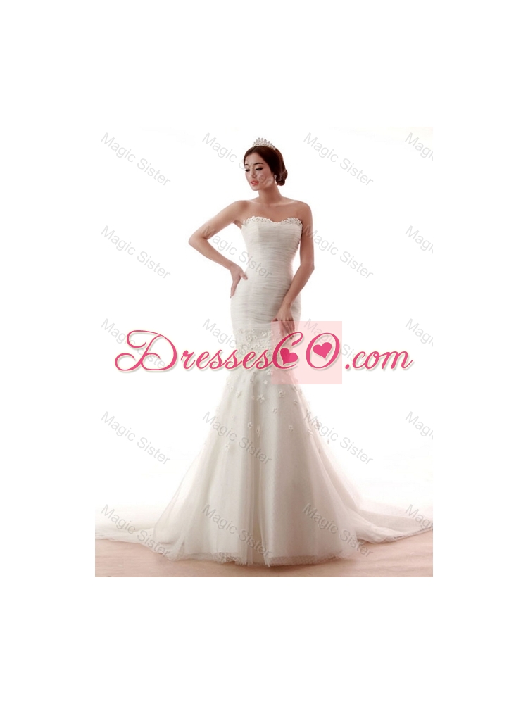Remarkable Mermaid Hand Made Flowers Wedding Gowns with Court Train
