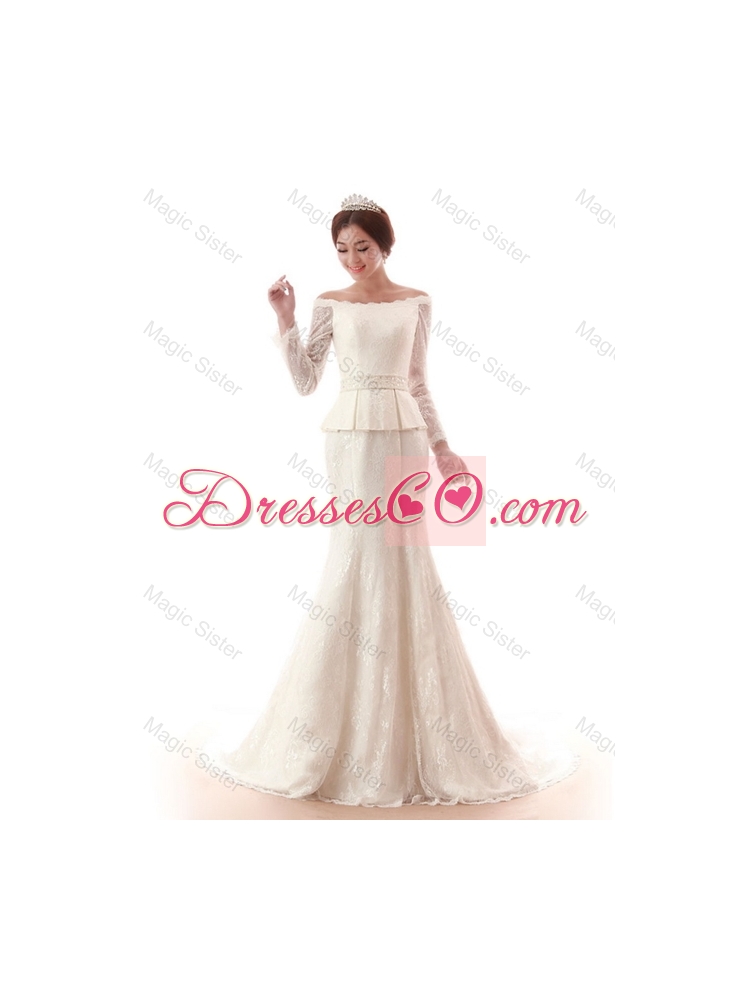 The Super Hot Court Train Lace White Wedding Dress with Beading