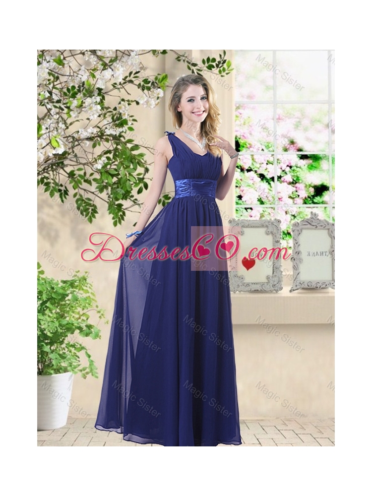 Cheap One Shoulder Floor Length Dama Dress in Navy Blue