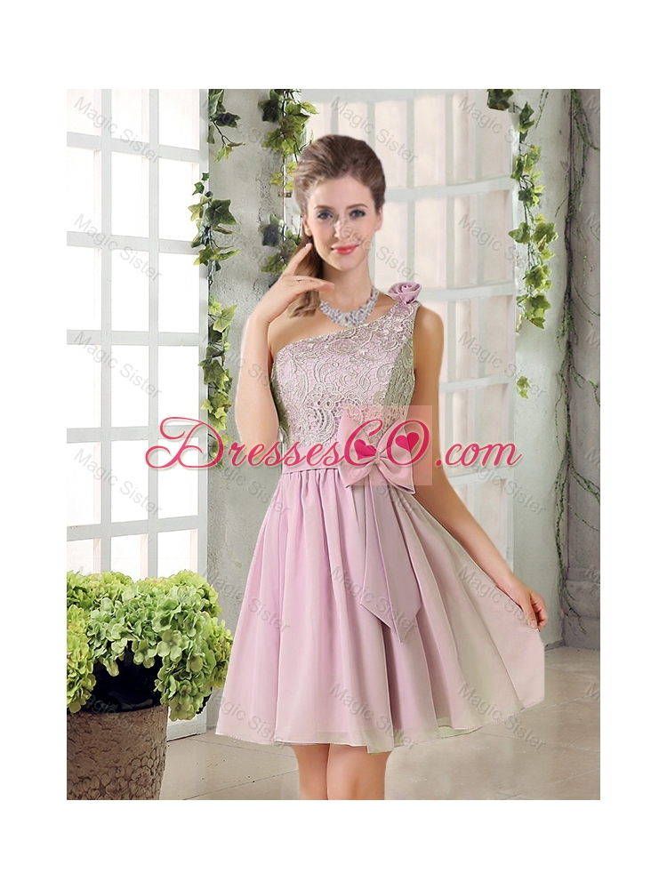 Discount A Line One Shoulder Pink Dama Dress with Bowknot