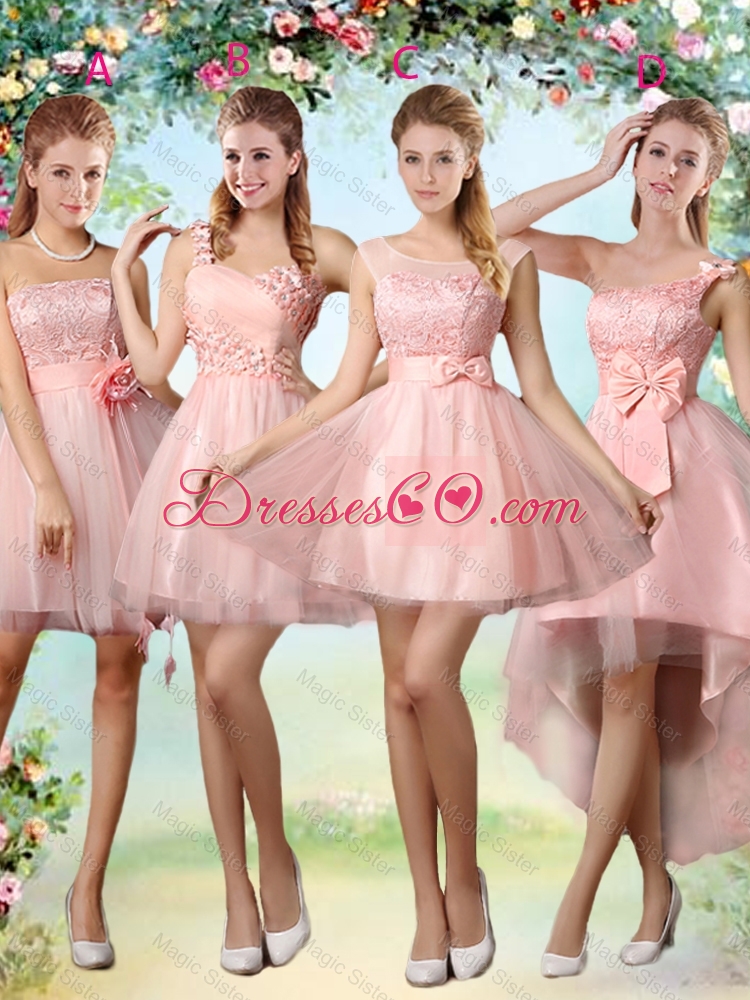 Romantic One Shoulder Laced and Bowknot Dama Dress in Pink