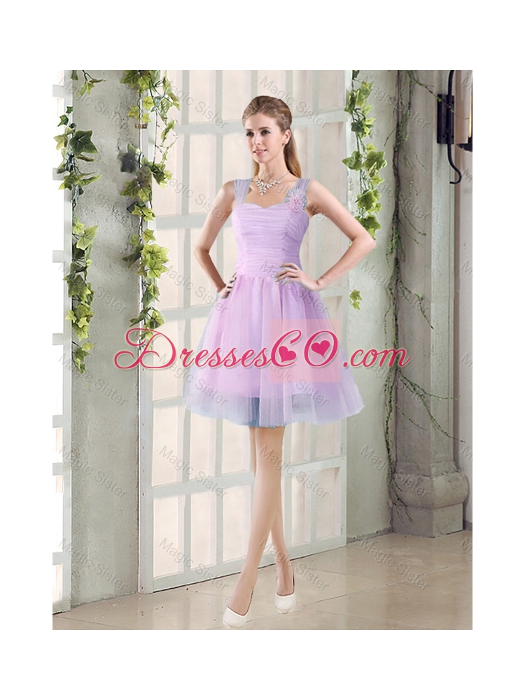 Summer A Line Straps Ruching Bridesmaid Dress with Hand Made Flowers