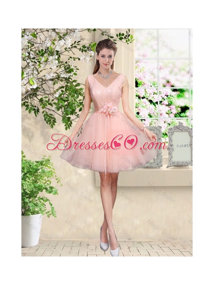 Decent V Neck Baby Pink Bridesmaid Dress with Hand Made Flowers