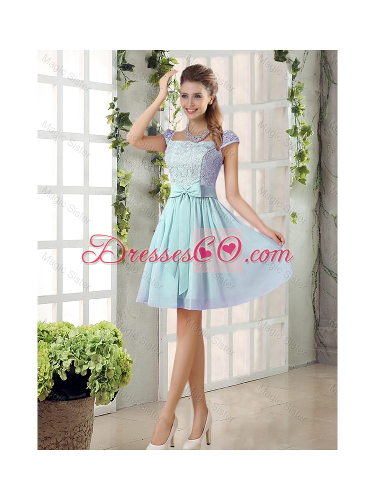 Perfect A Line Square Lace Bridesmaid Dress with Bowknot