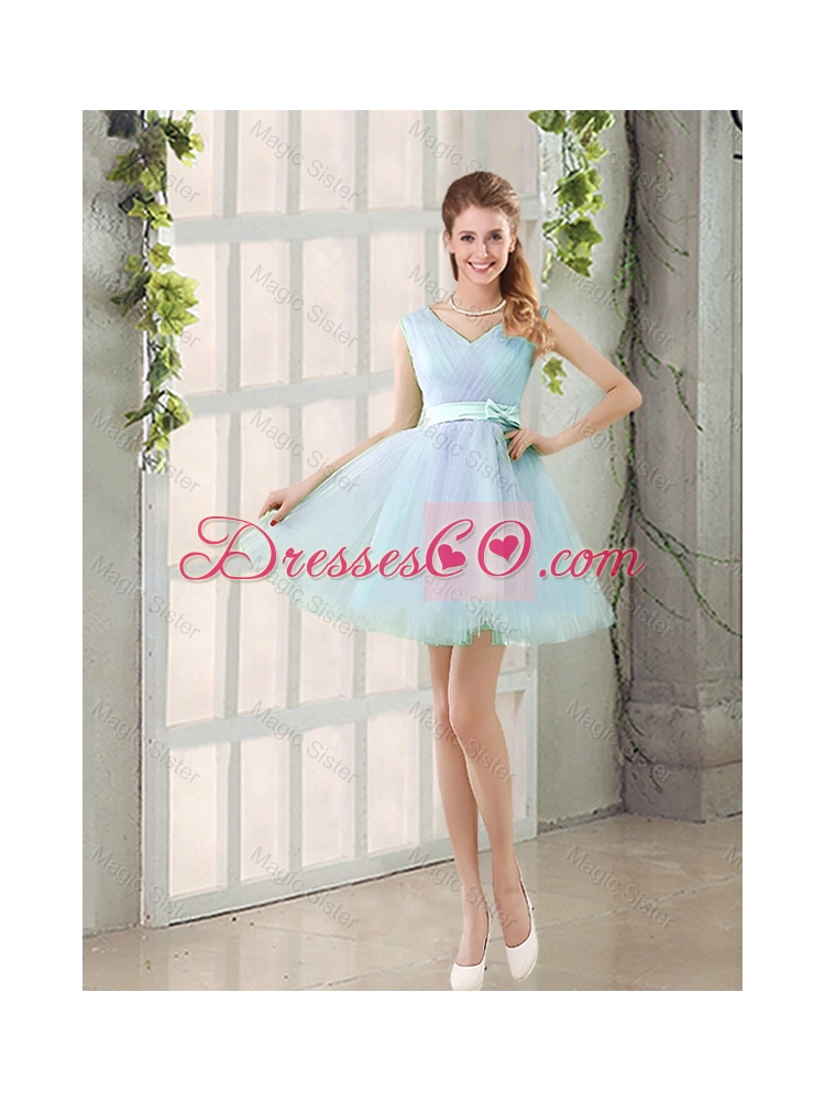 Summer V Neck Strapless Short Prom Dress with Bowknot