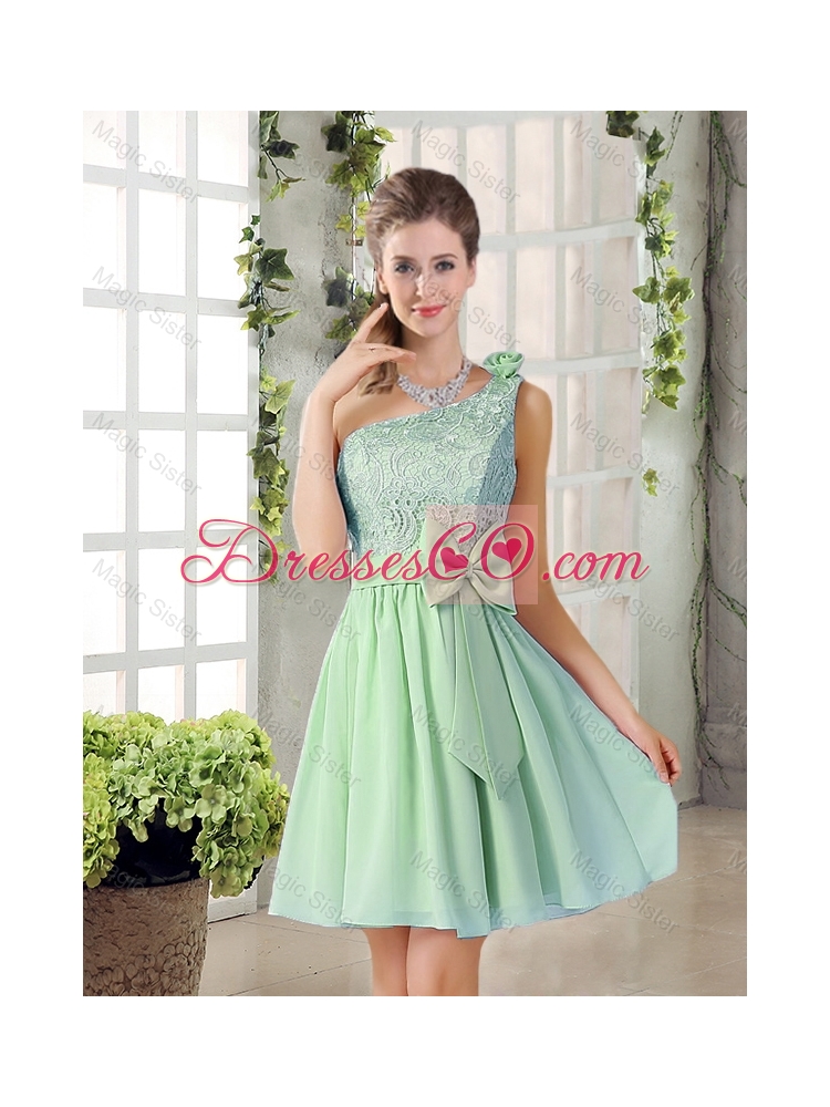 Custom Made One Shoulder Lace Bridesmaid Dress with Bowknot