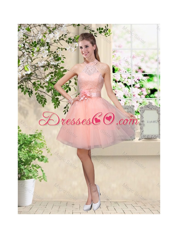 Artistic Halter Top Appliques and Laced Dama Dress in Baby Pink