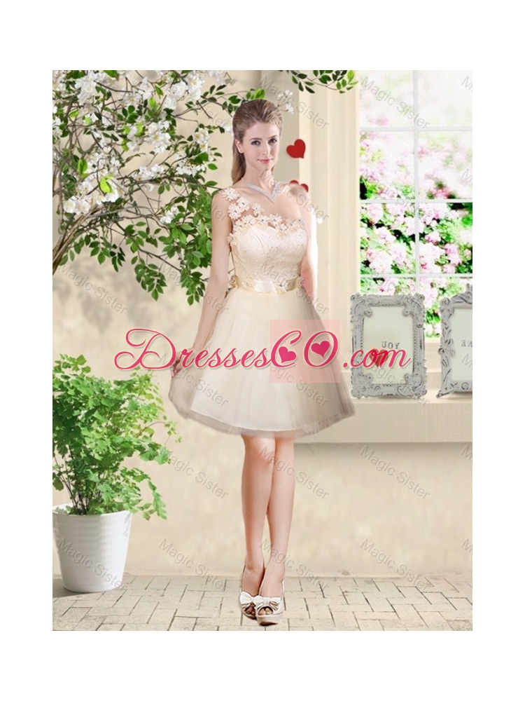 Perfect V Neck Appliques and Belt Dama Dress in Champagne