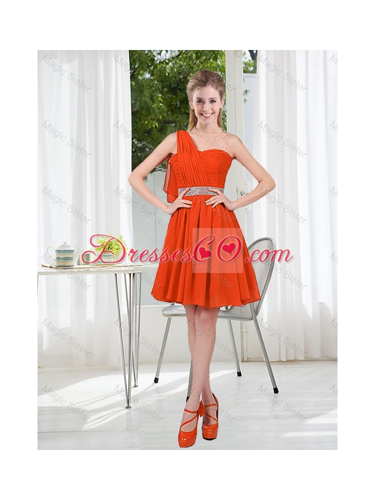 Rust Red One Shoulder Dama Dress with Beading and Belt