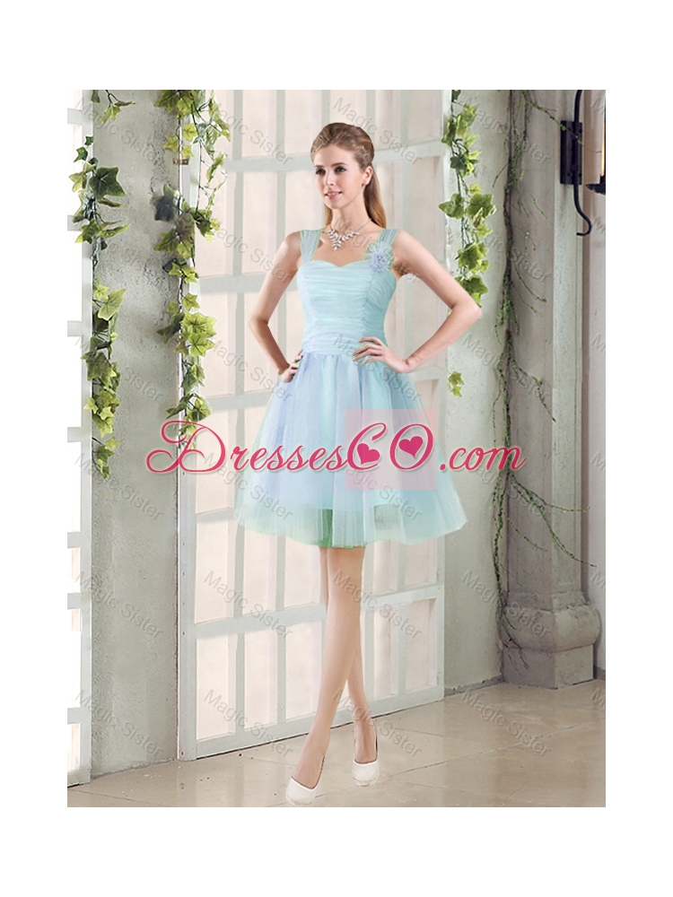 Summer A Line Straps Ruching Prom Dress with Hand Made Flowers
