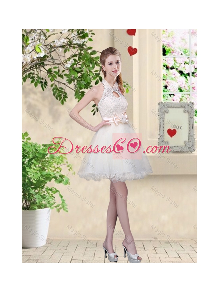 Feminine A Line Halter Top Dama Dress with Bowknot and Lace