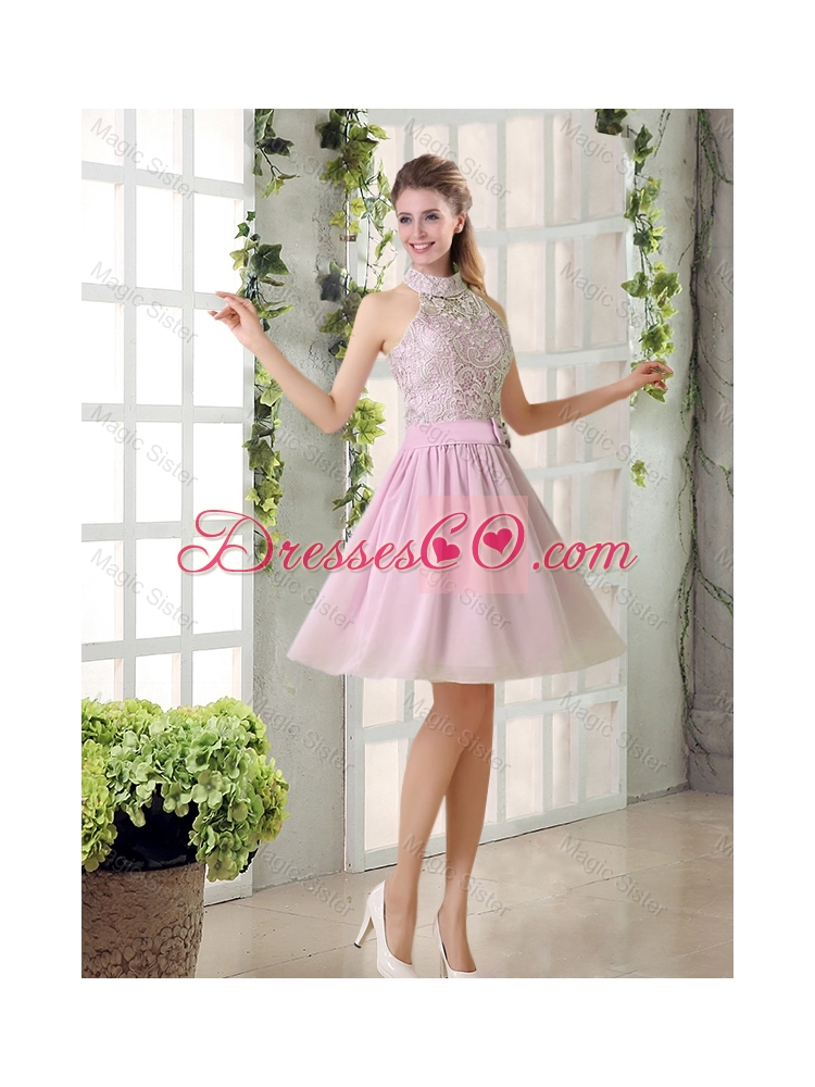 Perfect High Neck Lace Prom Dress with Belt for